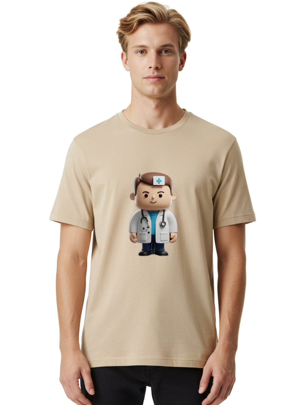 Doctor-With-Stethoscope Men'S Graphic Tee, 100% Cotton, Comfortable Casual Summer Wear, Machine Washable, Cartoon Doctor, Medical Professional, White Lab Coat, Stethoscope, Blue Cross, Healthcare Worker, Friendly Physician, Medical Symbol Baa491