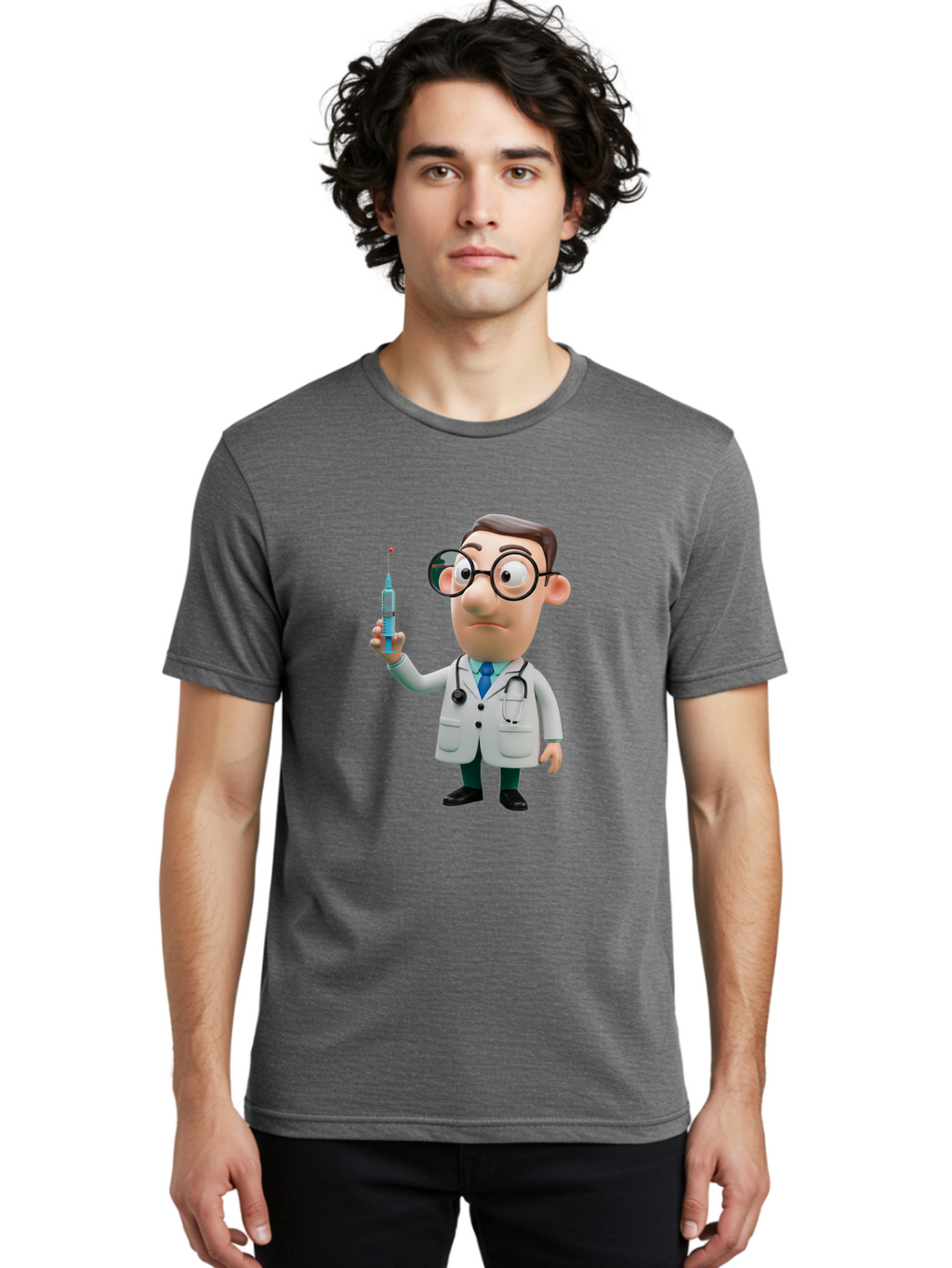 Doctor-With-Syringe Men'S Graphic Tee, 100% Cotton, Comfortable Casual Summer Wear, Machine Washable, Cartoon Doctor, Medical Professional, Syringe Injection, Healthcare Worker, Vaccination, Medicine, Doctor Character, Medical Illustration, Baa492
