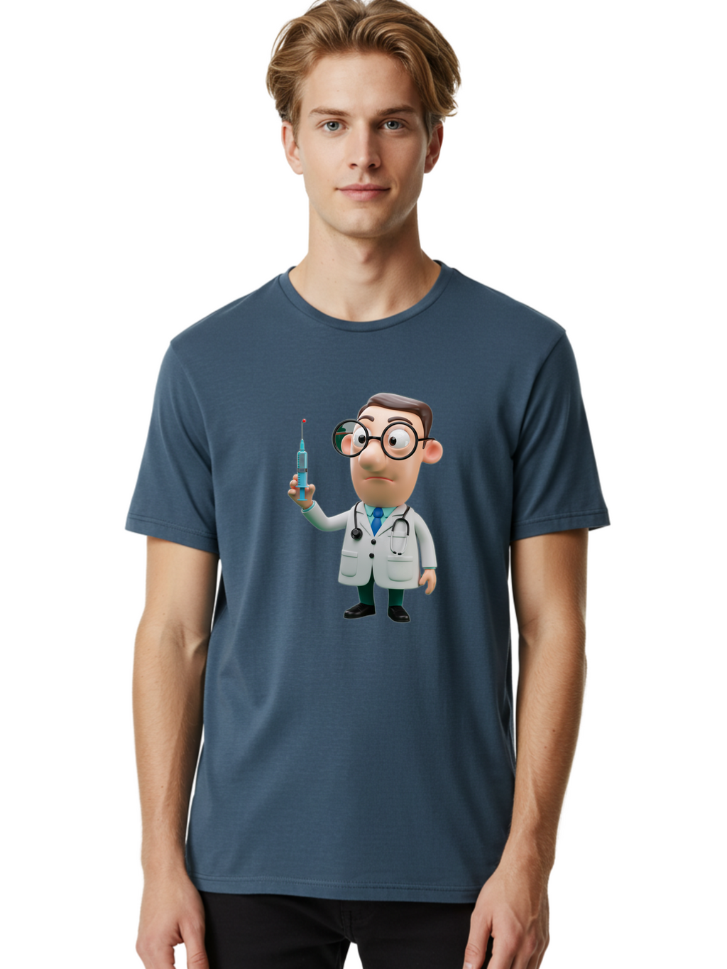 Doctor-With-Syringe Men'S Graphic Tee, 100% Cotton, Comfortable Casual Summer Wear, Machine Washable, Cartoon Doctor, Medical Professional, Syringe Injection, Healthcare Worker, Vaccination, Medicine, Doctor Character, Medical Illustration, Baa492