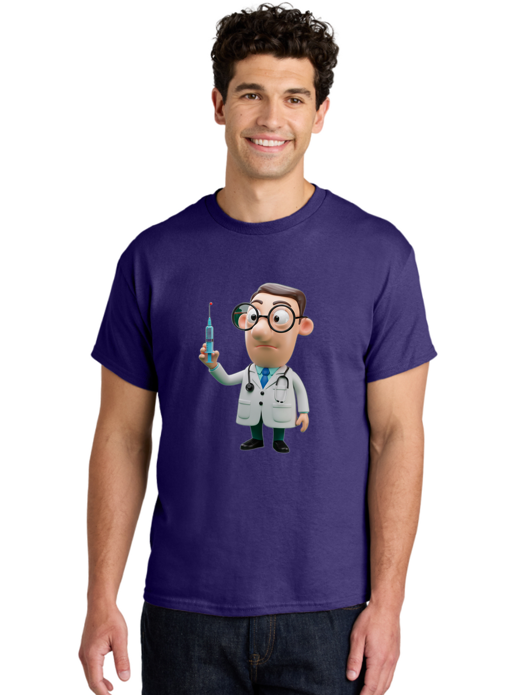 Doctor-With-Syringe Men'S Graphic Tee, 100% Cotton, Comfortable Casual Summer Wear, Machine Washable, Cartoon Doctor, Medical Professional, Syringe Injection, Healthcare Worker, Vaccination, Medicine, Doctor Character, Medical Illustration, Baa492