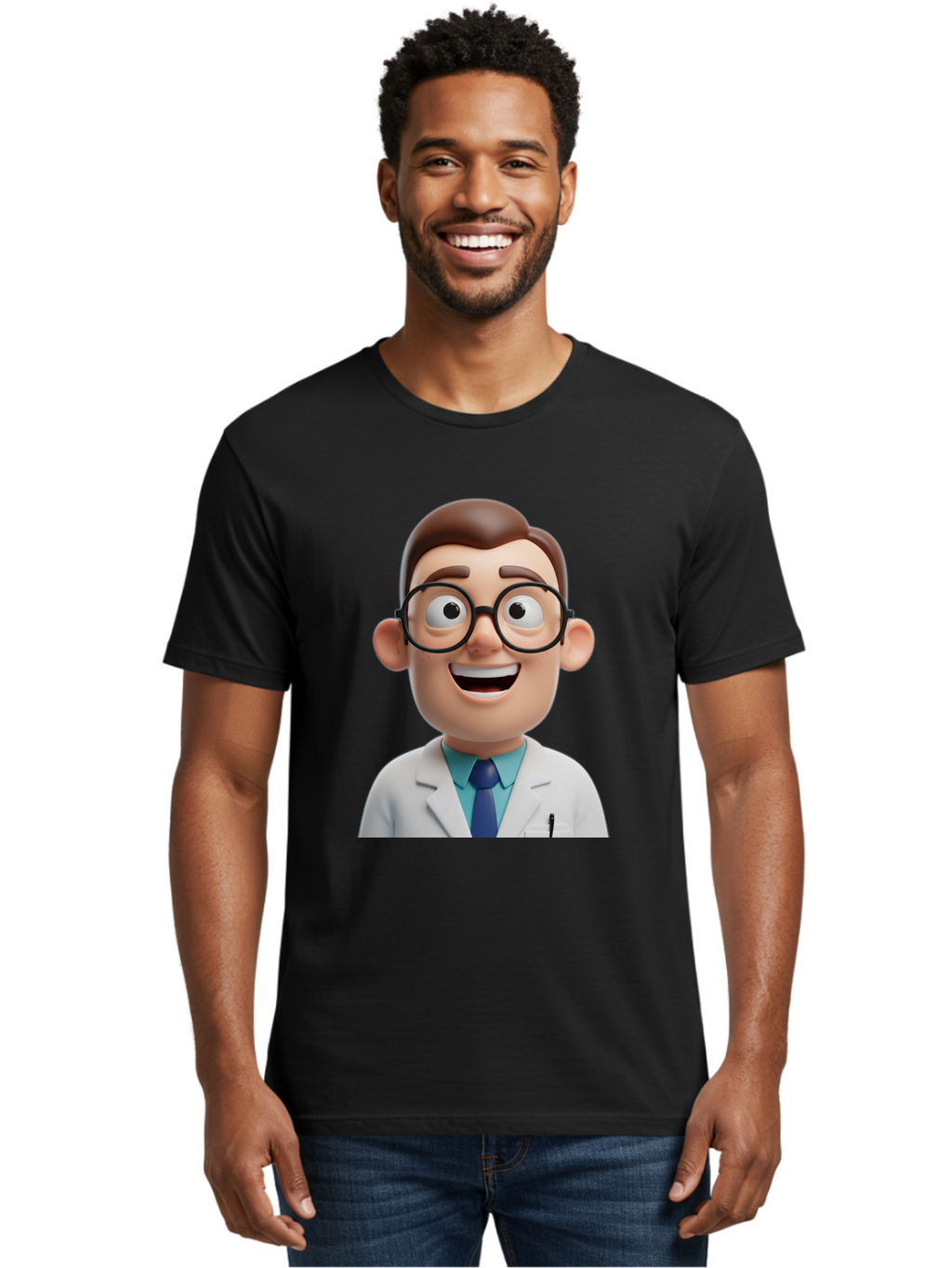 Doctor Men'S Graphic Tee, 100% Cotton, Comfortable Casual Summer Wear, Machine Washable, Smiling Doctor, Cartoon Character, 3D Illustration, Glasses, White Lab Coat, Blue Shirt, Striped Tie, Friendly Demeanor, Professional Attire, Baa493