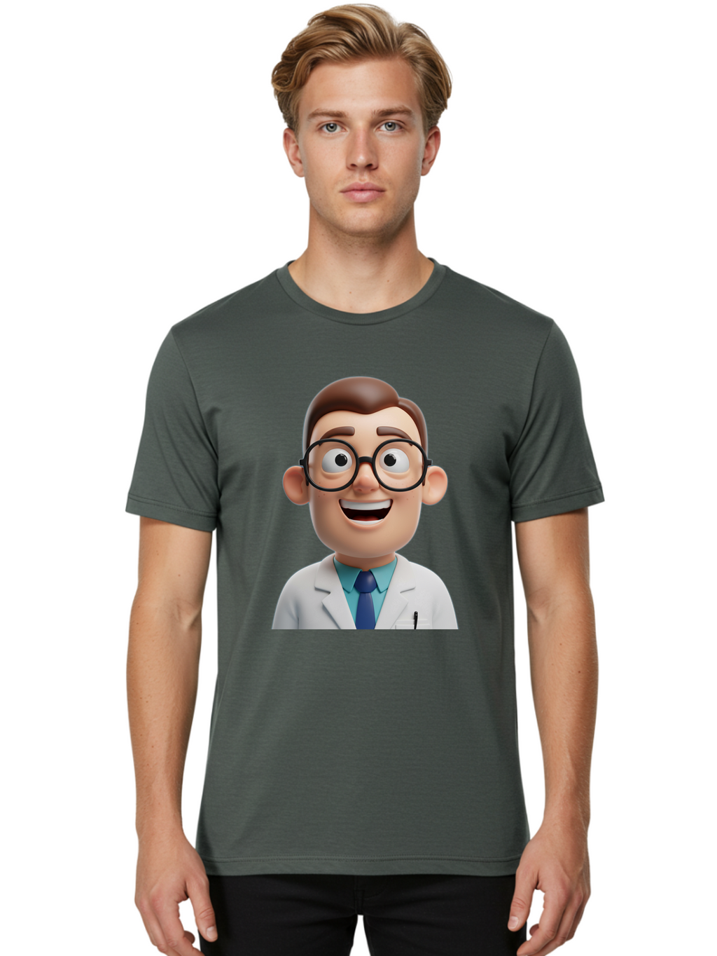 Doctor Men'S Graphic Tee, 100% Cotton, Comfortable Casual Summer Wear, Machine Washable, Smiling Doctor, Cartoon Character, 3D Illustration, Glasses, White Lab Coat, Blue Shirt, Striped Tie, Friendly Demeanor, Professional Attire, Baa493