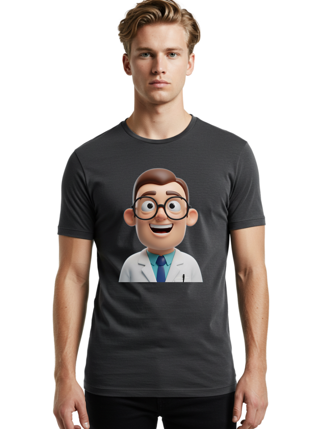 Doctor Men'S Graphic Tee, 100% Cotton, Comfortable Casual Summer Wear, Machine Washable, Smiling Doctor, Cartoon Character, 3D Illustration, Glasses, White Lab Coat, Blue Shirt, Striped Tie, Friendly Demeanor, Professional Attire, Baa493