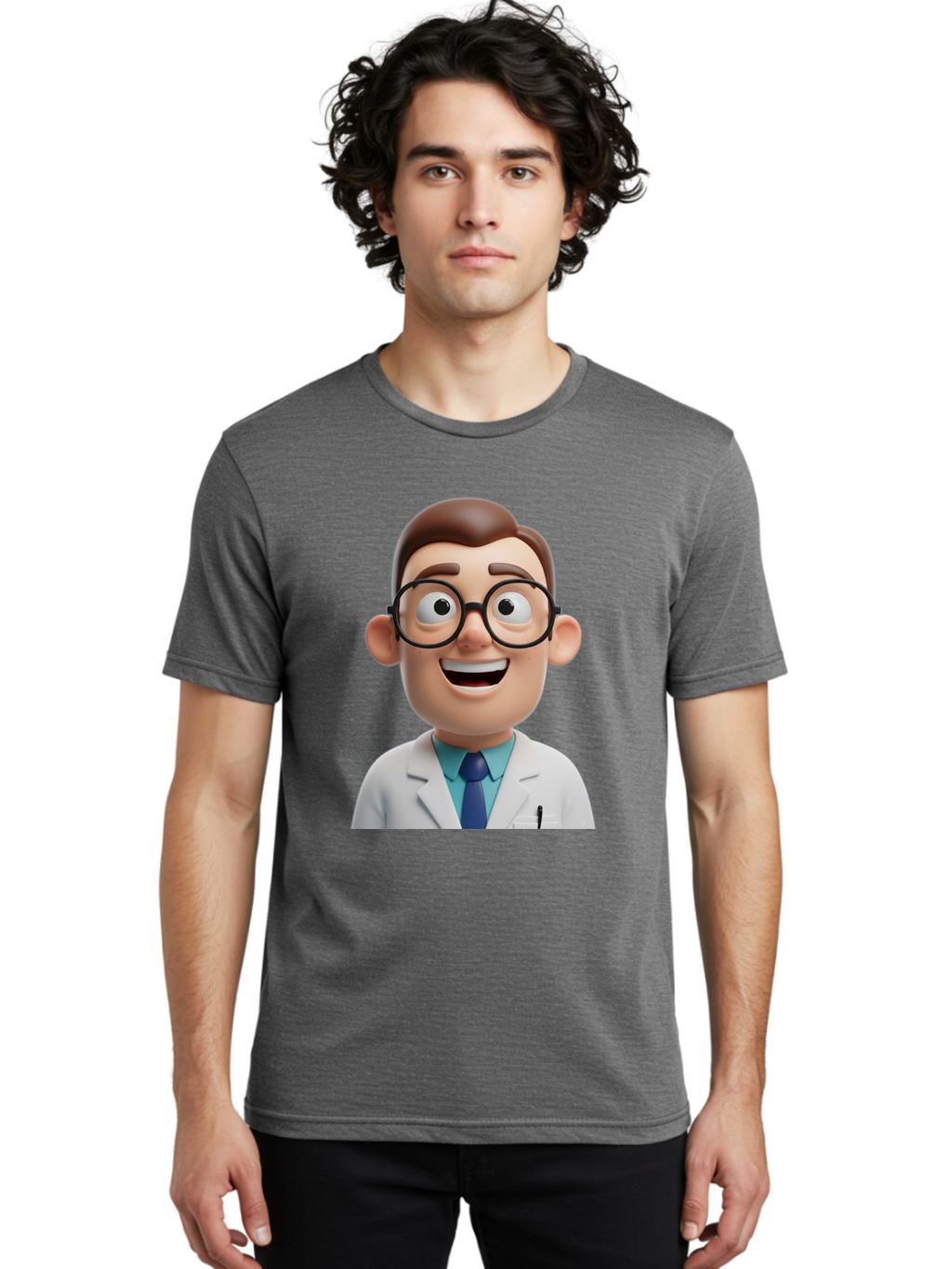 Doctor Men'S Graphic Tee, 100% Cotton, Comfortable Casual Summer Wear, Machine Washable, Smiling Doctor, Cartoon Character, 3D Illustration, Glasses, White Lab Coat, Blue Shirt, Striped Tie, Friendly Demeanor, Professional Attire, Baa493