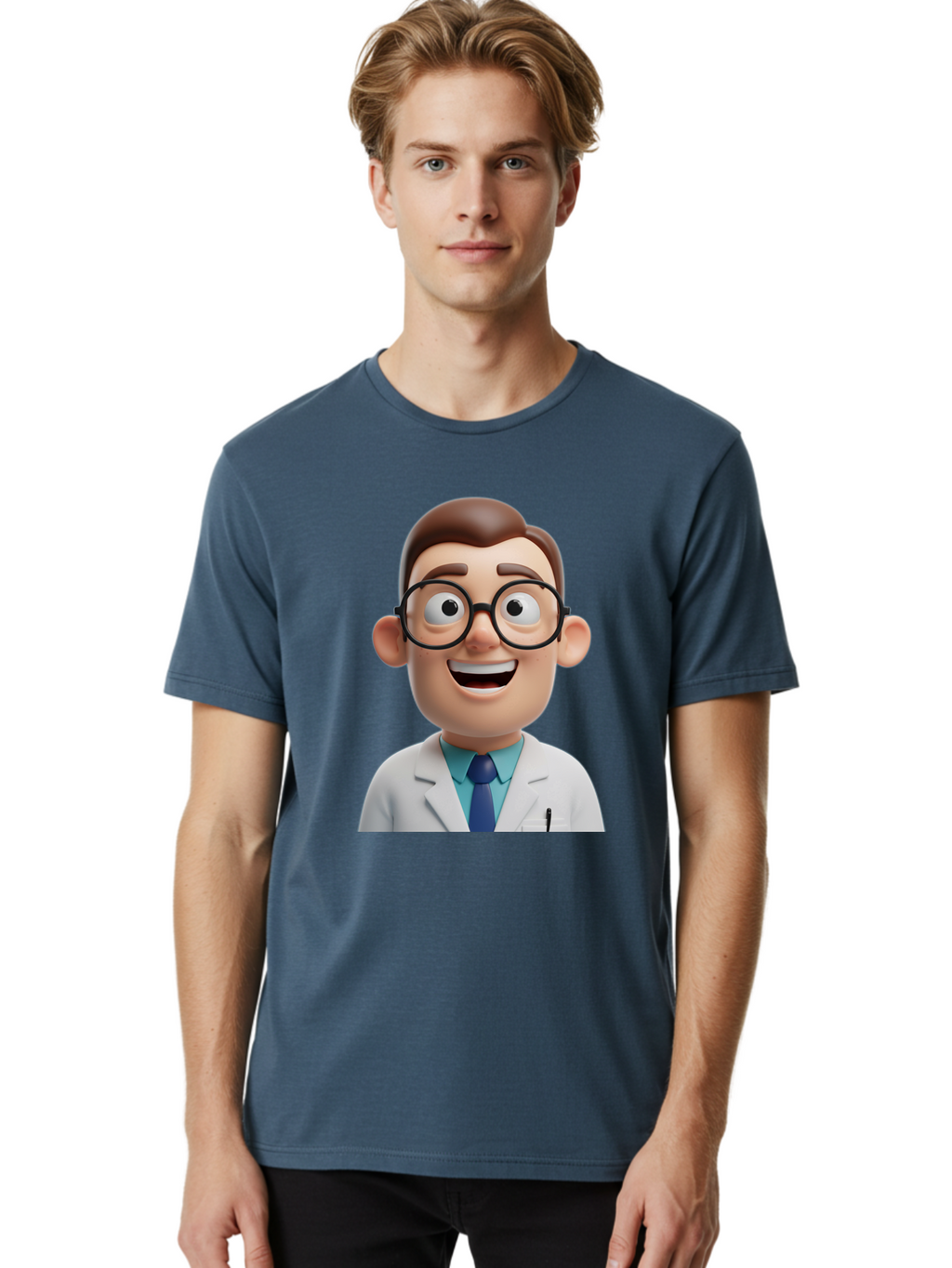 Doctor Men'S Graphic Tee, 100% Cotton, Comfortable Casual Summer Wear, Machine Washable, Smiling Doctor, Cartoon Character, 3D Illustration, Glasses, White Lab Coat, Blue Shirt, Striped Tie, Friendly Demeanor, Professional Attire, Baa493