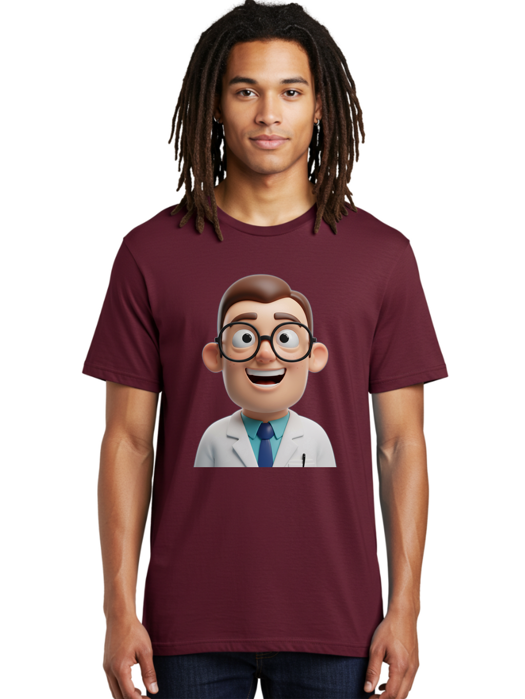 Doctor Men'S Graphic Tee, 100% Cotton, Comfortable Casual Summer Wear, Machine Washable, Smiling Doctor, Cartoon Character, 3D Illustration, Glasses, White Lab Coat, Blue Shirt, Striped Tie, Friendly Demeanor, Professional Attire, Baa493