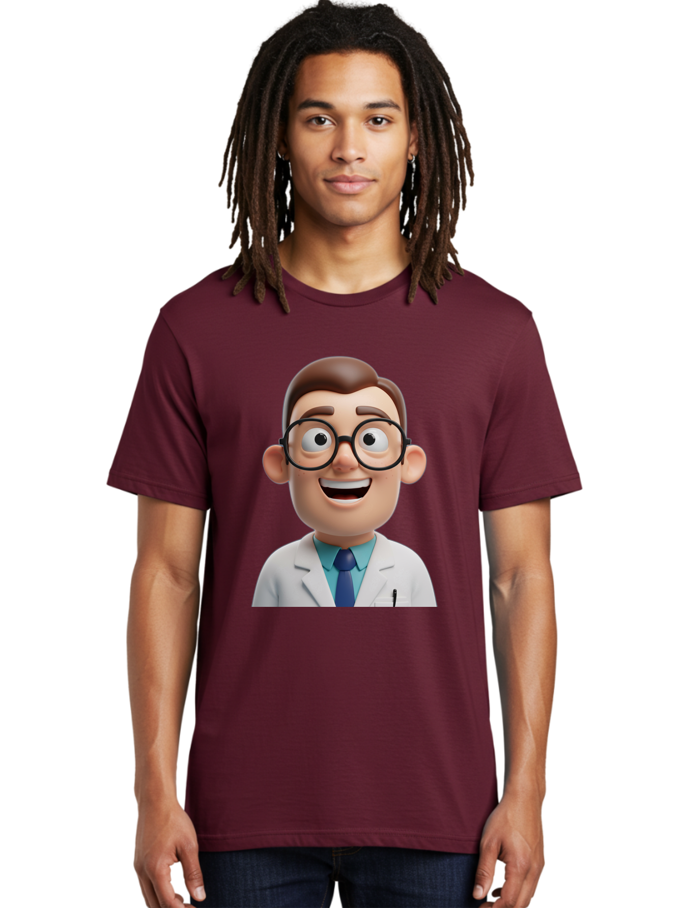 Doctor Men'S Graphic Tee, 100% Cotton, Comfortable Casual Summer Wear, Machine Washable, Smiling Doctor, Cartoon Character, 3D Illustration, Glasses, White Lab Coat, Blue Shirt, Striped Tie, Friendly Demeanor, Professional Attire, Baa493