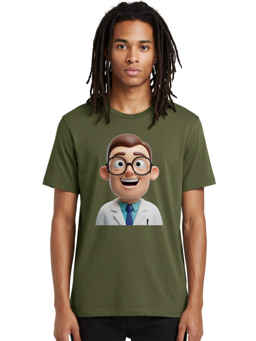 Doctor Men'S Graphic Tee, 100% Cotton, Comfortable Casual Summer Wear, Machine Washable, Smiling Doctor, Cartoon Character, 3D Illustration, Glasses, White Lab Coat, Blue Shirt, Striped Tie, Friendly Demeanor, Professional Attire, Baa493