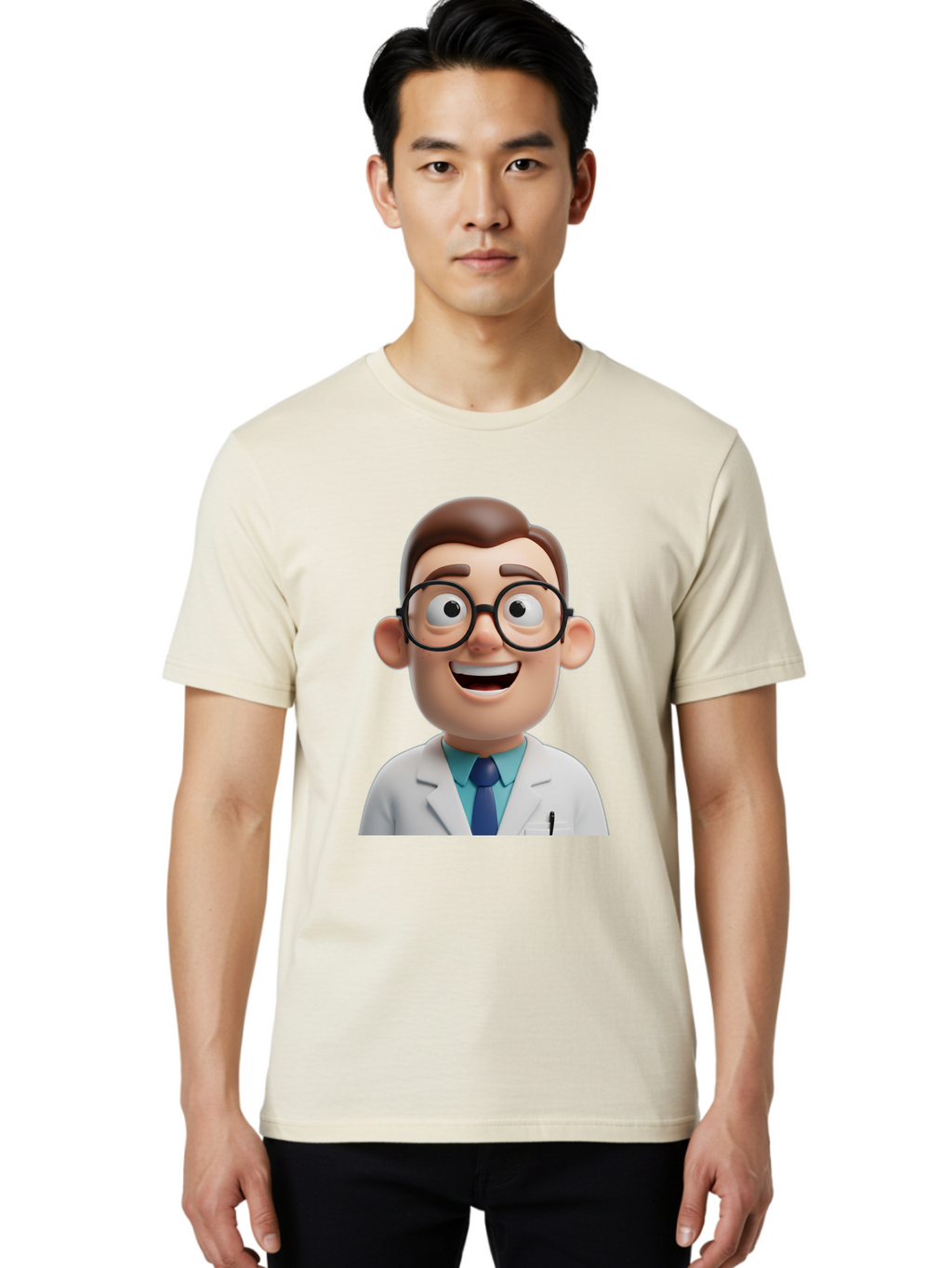 Doctor Men'S Graphic Tee, 100% Cotton, Comfortable Casual Summer Wear, Machine Washable, Smiling Doctor, Cartoon Character, 3D Illustration, Glasses, White Lab Coat, Blue Shirt, Striped Tie, Friendly Demeanor, Professional Attire, Baa493