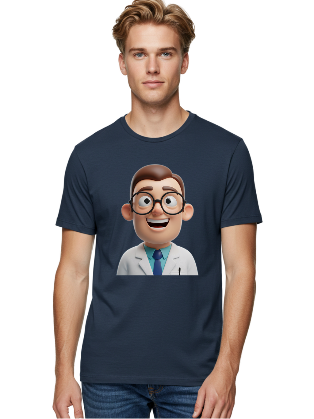Doctor Men'S Graphic Tee, 100% Cotton, Comfortable Casual Summer Wear, Machine Washable, Smiling Doctor, Cartoon Character, 3D Illustration, Glasses, White Lab Coat, Blue Shirt, Striped Tie, Friendly Demeanor, Professional Attire, Baa493
