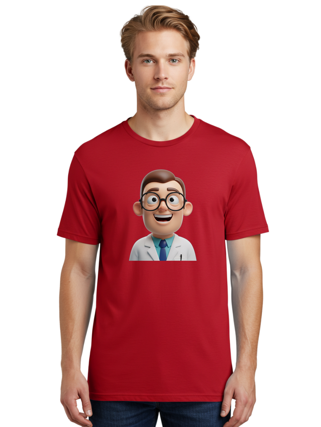 Doctor Men'S Graphic Tee, 100% Cotton, Comfortable Casual Summer Wear, Machine Washable, Smiling Doctor, Cartoon Character, 3D Illustration, Glasses, White Lab Coat, Blue Shirt, Striped Tie, Friendly Demeanor, Professional Attire, Baa493