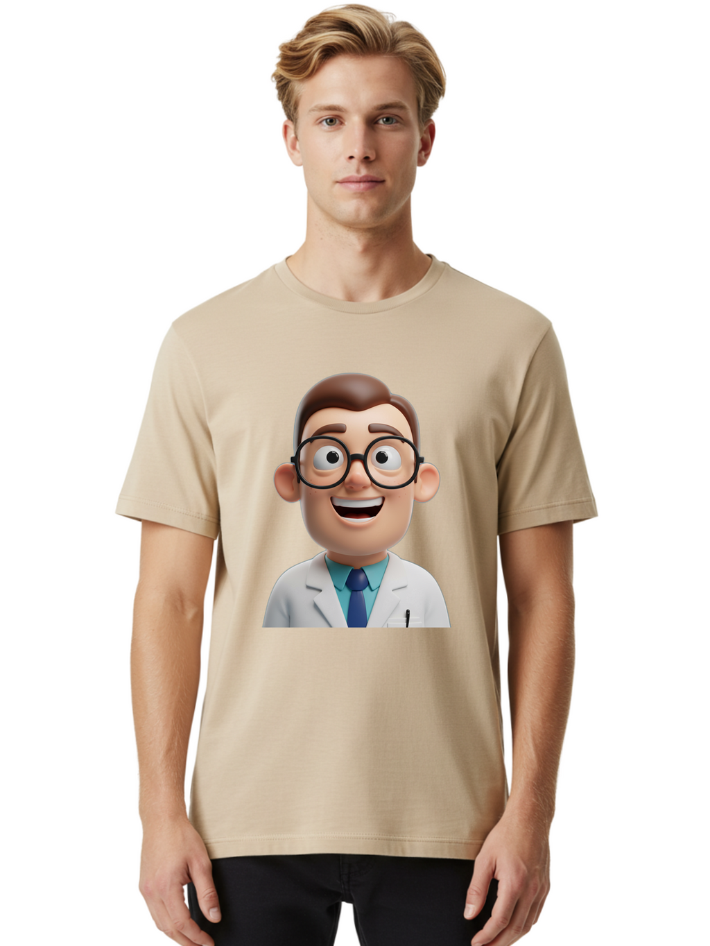 Doctor Men'S Graphic Tee, 100% Cotton, Comfortable Casual Summer Wear, Machine Washable, Smiling Doctor, Cartoon Character, 3D Illustration, Glasses, White Lab Coat, Blue Shirt, Striped Tie, Friendly Demeanor, Professional Attire, Baa493