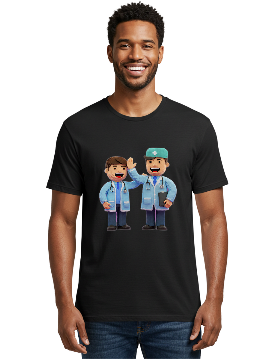Doctors Men'S Graphic Tee, 100% Cotton, Comfortable Casual Summer Wear, Machine Washable, Doctors High Fiving, Medical Professionals, Healthcare Workers, Pixel Art, Stethoscope, Doctor'S Coat, Friendly Gesture, Teamwork Baa494