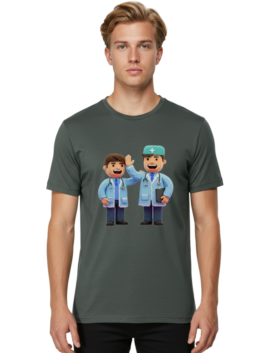 Doctors Men'S Graphic Tee, 100% Cotton, Comfortable Casual Summer Wear, Machine Washable, Doctors High Fiving, Medical Professionals, Healthcare Workers, Pixel Art, Stethoscope, Doctor'S Coat, Friendly Gesture, Teamwork Baa494