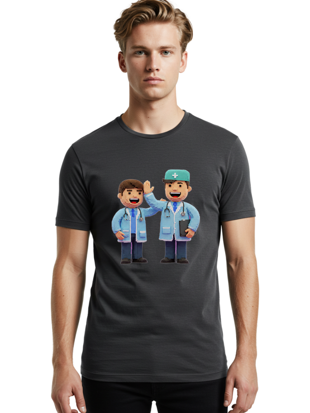 Doctors Men'S Graphic Tee, 100% Cotton, Comfortable Casual Summer Wear, Machine Washable, Doctors High Fiving, Medical Professionals, Healthcare Workers, Pixel Art, Stethoscope, Doctor'S Coat, Friendly Gesture, Teamwork Baa494