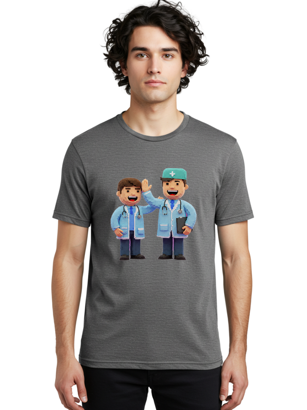 Doctors Men'S Graphic Tee, 100% Cotton, Comfortable Casual Summer Wear, Machine Washable, Doctors High Fiving, Medical Professionals, Healthcare Workers, Pixel Art, Stethoscope, Doctor'S Coat, Friendly Gesture, Teamwork Baa494