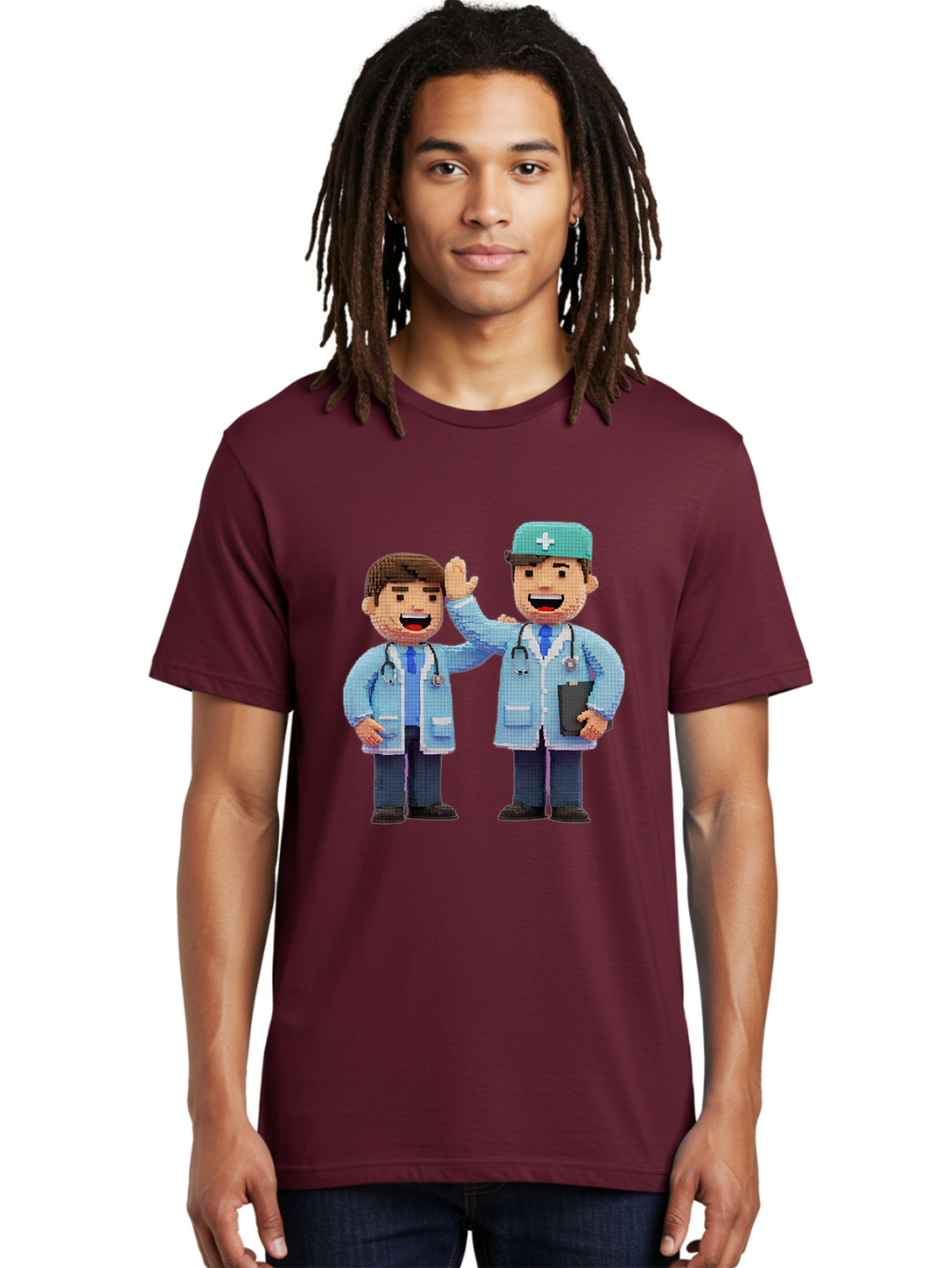 Doctors Men'S Graphic Tee, 100% Cotton, Comfortable Casual Summer Wear, Machine Washable, Doctors High Fiving, Medical Professionals, Healthcare Workers, Pixel Art, Stethoscope, Doctor'S Coat, Friendly Gesture, Teamwork Baa494