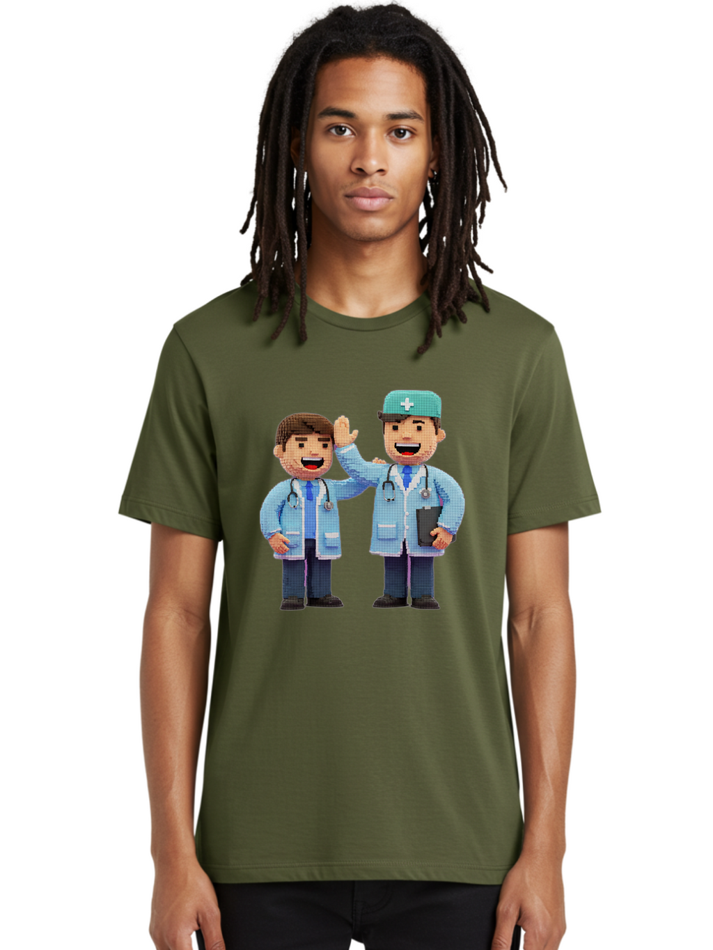 Doctors Men'S Graphic Tee, 100% Cotton, Comfortable Casual Summer Wear, Machine Washable, Doctors High Fiving, Medical Professionals, Healthcare Workers, Pixel Art, Stethoscope, Doctor'S Coat, Friendly Gesture, Teamwork Baa494