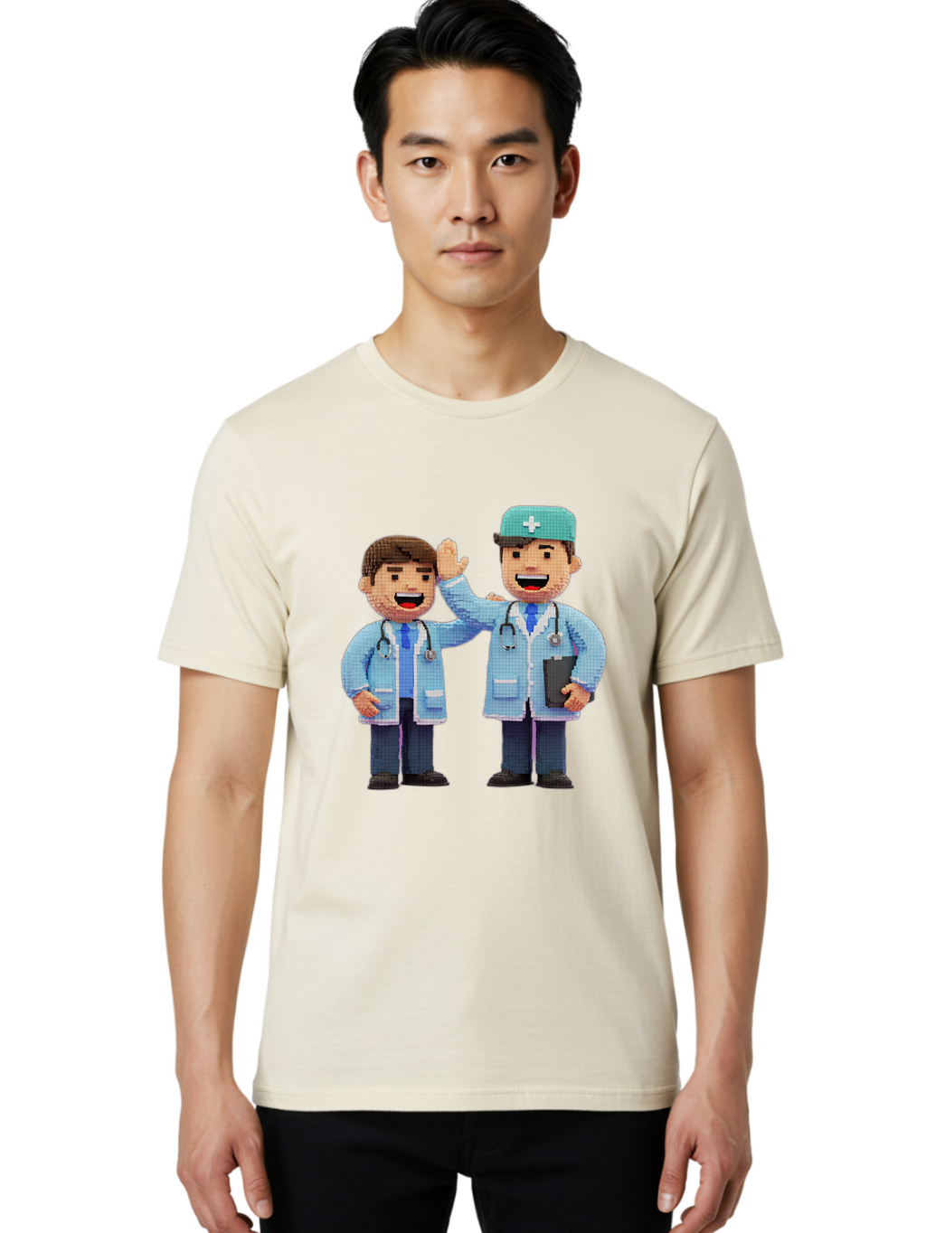 Doctors Men'S Graphic Tee, 100% Cotton, Comfortable Casual Summer Wear, Machine Washable, Doctors High Fiving, Medical Professionals, Healthcare Workers, Pixel Art, Stethoscope, Doctor'S Coat, Friendly Gesture, Teamwork Baa494