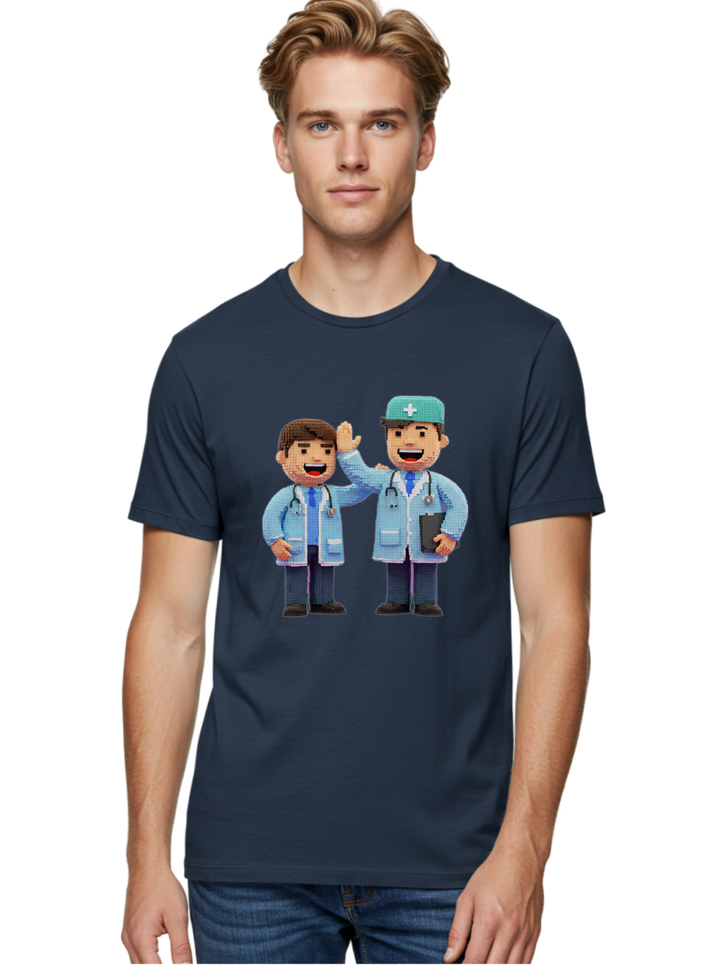 Doctors Men'S Graphic Tee, 100% Cotton, Comfortable Casual Summer Wear, Machine Washable, Doctors High Fiving, Medical Professionals, Healthcare Workers, Pixel Art, Stethoscope, Doctor'S Coat, Friendly Gesture, Teamwork Baa494