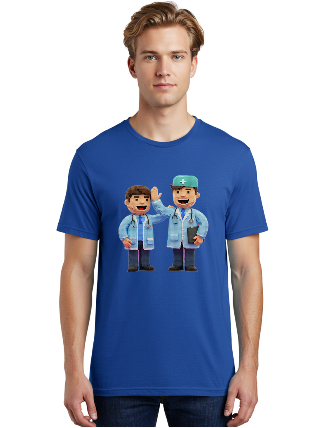 Doctors Men'S Graphic Tee, 100% Cotton, Comfortable Casual Summer Wear, Machine Washable, Doctors High Fiving, Medical Professionals, Healthcare Workers, Pixel Art, Stethoscope, Doctor'S Coat, Friendly Gesture, Teamwork Baa494