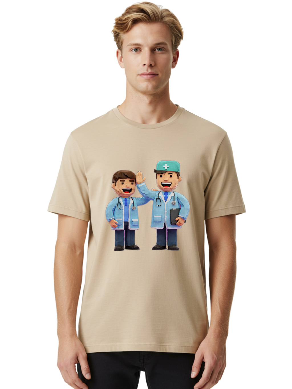 Doctors Men'S Graphic Tee, 100% Cotton, Comfortable Casual Summer Wear, Machine Washable, Doctors High Fiving, Medical Professionals, Healthcare Workers, Pixel Art, Stethoscope, Doctor'S Coat, Friendly Gesture, Teamwork Baa494