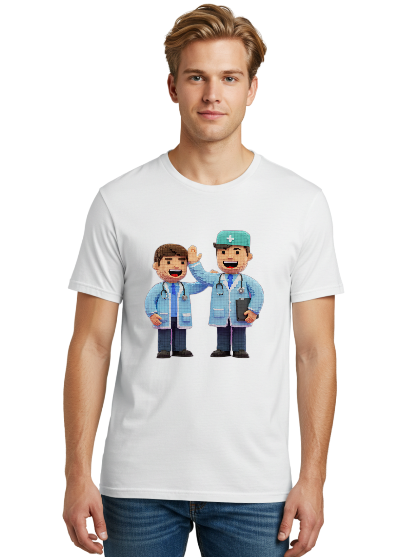 Doctors Men'S Graphic Tee, 100% Cotton, Comfortable Casual Summer Wear, Machine Washable, Doctors High Fiving, Medical Professionals, Healthcare Workers, Pixel Art, Stethoscope, Doctor'S Coat, Friendly Gesture, Teamwork Baa494