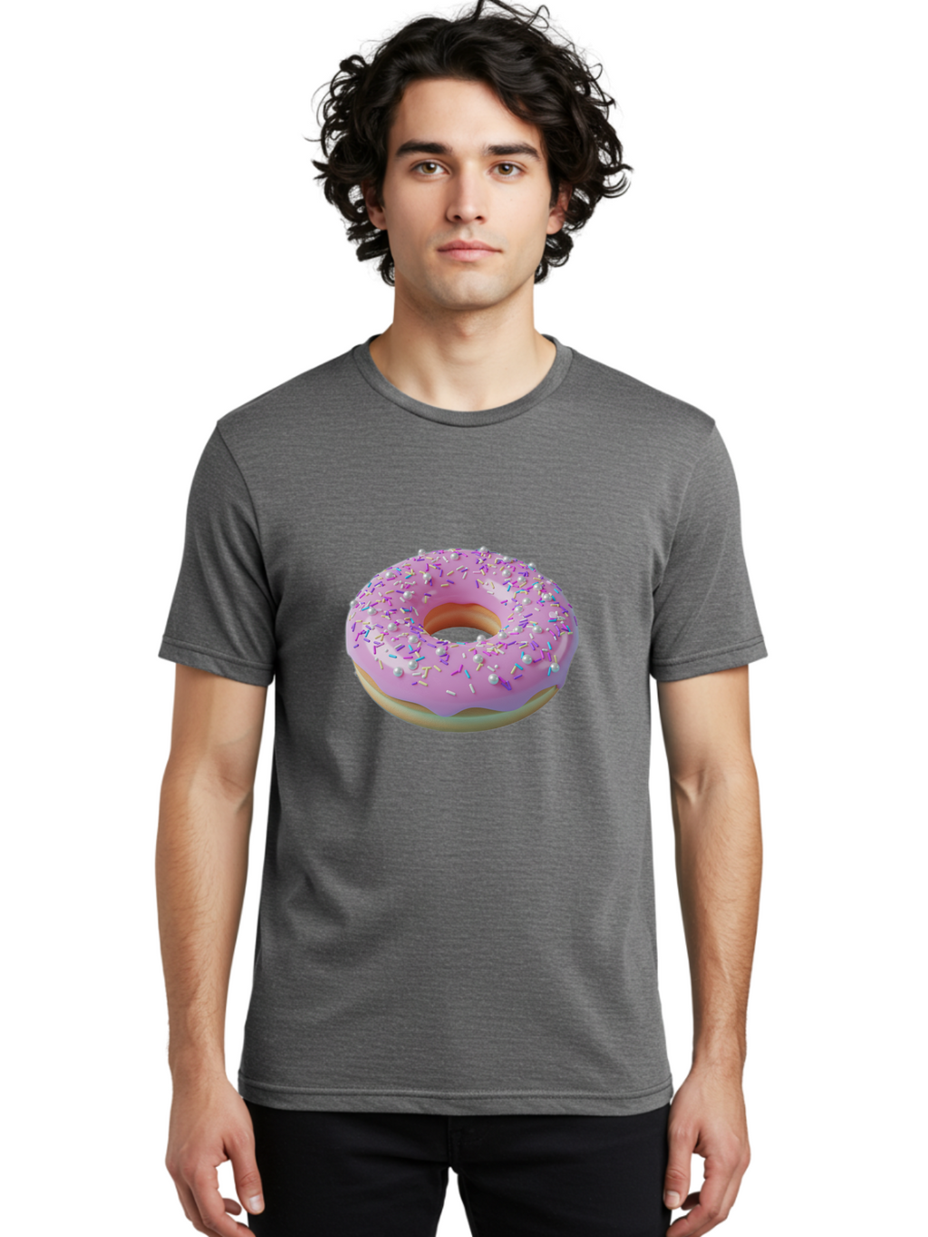 Donut-1 Men'S Graphic Tee, 100% Cotton, Comfortable Casual Summer Wear, Machine Washable, Pink Donut With Sprinkles, Sweet Treats, Colorful Dessert, Tasty Pastry, Baked Goods, Donut With Frosting, Sprinkle Toppings, Purple Frosting Baa495