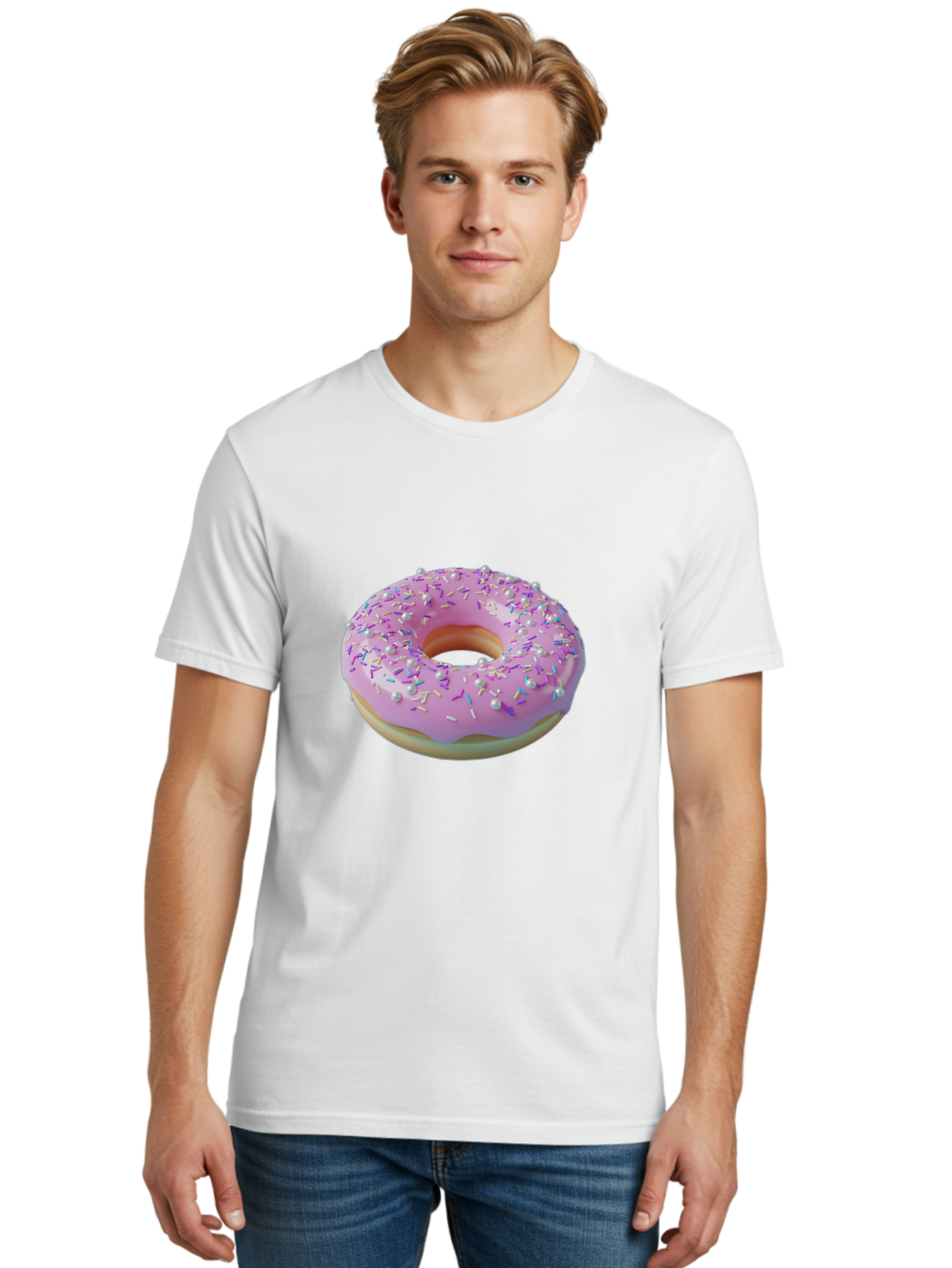 Donut-1 Men'S Graphic Tee, 100% Cotton, Comfortable Casual Summer Wear, Machine Washable, Pink Donut With Sprinkles, Sweet Treats, Colorful Dessert, Tasty Pastry, Baked Goods, Donut With Frosting, Sprinkle Toppings, Purple Frosting Baa495