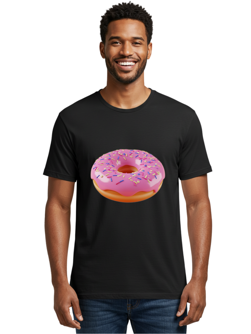 Donut-2 Men'S Graphic Tee, 100% Cotton, Comfortable Casual Summer Wear, Machine Washable, Pink Frosted Donut, Donut With Sprinkles, Colorful Sprinkles, Sweet Treat, Baked Goods, Dessert, Tasty Pastry, Colorful Dessert Baa496
