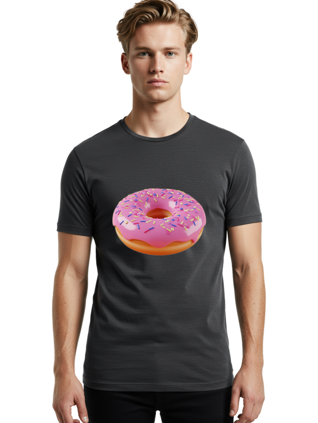 Donut-2 Men'S Graphic Tee, 100% Cotton, Comfortable Casual Summer Wear, Machine Washable, Pink Frosted Donut, Donut With Sprinkles, Colorful Sprinkles, Sweet Treat, Baked Goods, Dessert, Tasty Pastry, Colorful Dessert Baa496