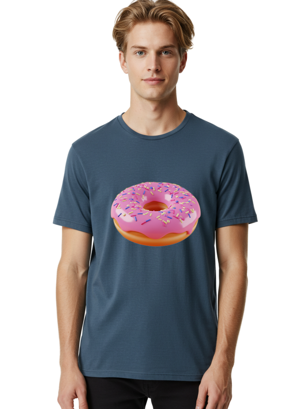 Donut-2 Men'S Graphic Tee, 100% Cotton, Comfortable Casual Summer Wear, Machine Washable, Pink Frosted Donut, Donut With Sprinkles, Colorful Sprinkles, Sweet Treat, Baked Goods, Dessert, Tasty Pastry, Colorful Dessert Baa496