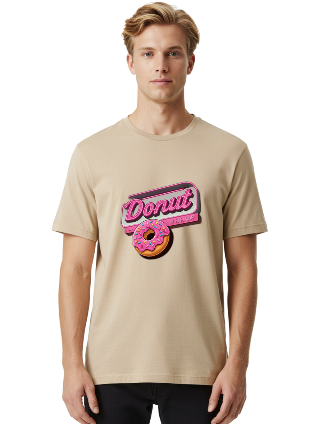Donut-5 Men'S Graphic Tee, 100% Cotton, Comfortable Casual Summer Wear, Machine Washable, Donut With Pink Glaze And Sprinkles, Donut Shop Sign, Sweet Treats, Bakery, Dessert, Colorful, Pastel, Tasty, Donut Lover, Treat Yourself Baa499