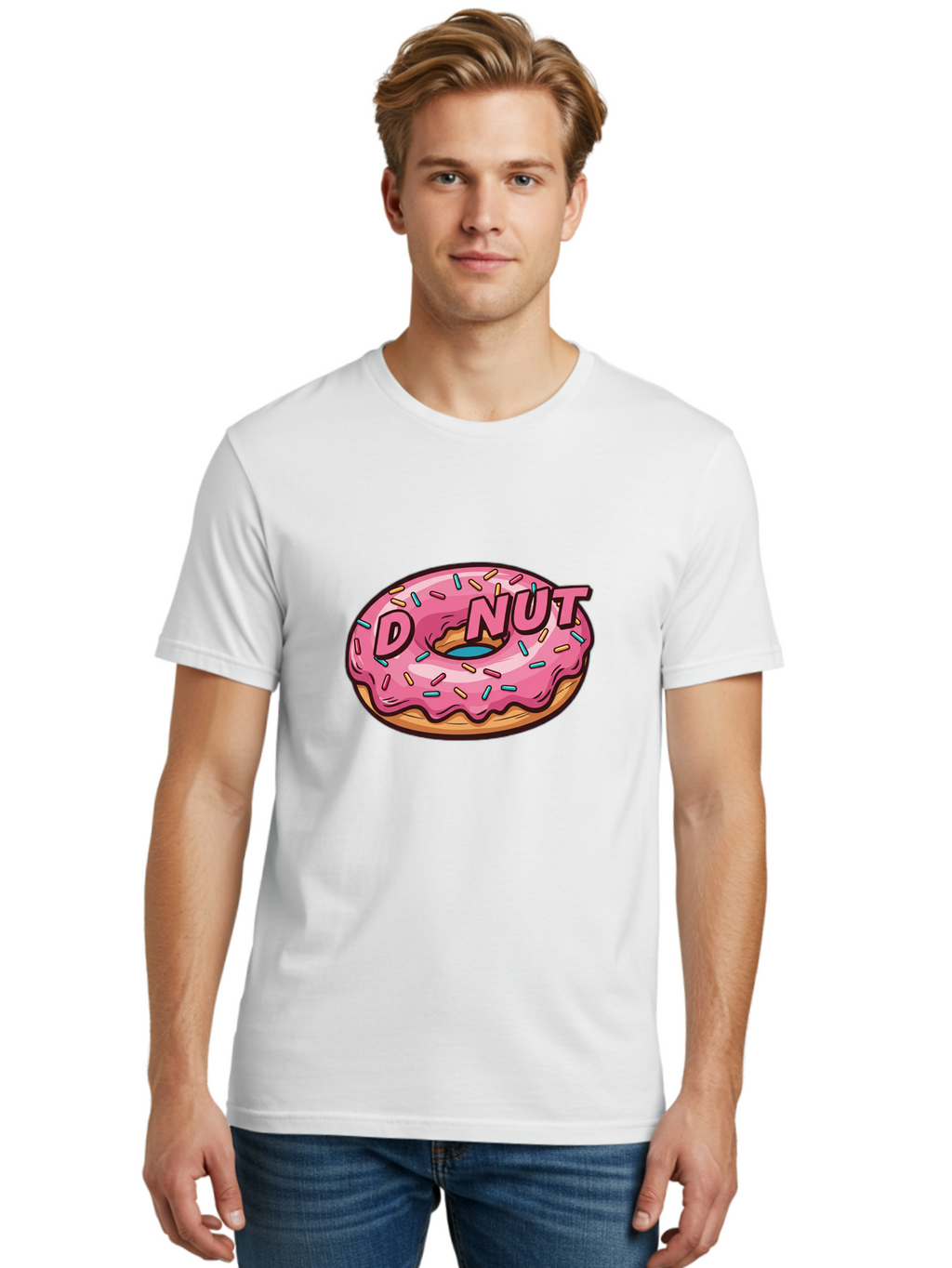 Donut-6 Men'S Graphic Tee, 100% Cotton, Comfortable Casual Summer Wear, Machine Washable, Pink Frosted Donut, Colorful Sprinkles, Sweet Treat, Baked Goods, Donut Shop, Tasty Dessert, Cartoon Style, Glazed Donut, Sprinkle Donut Baa500