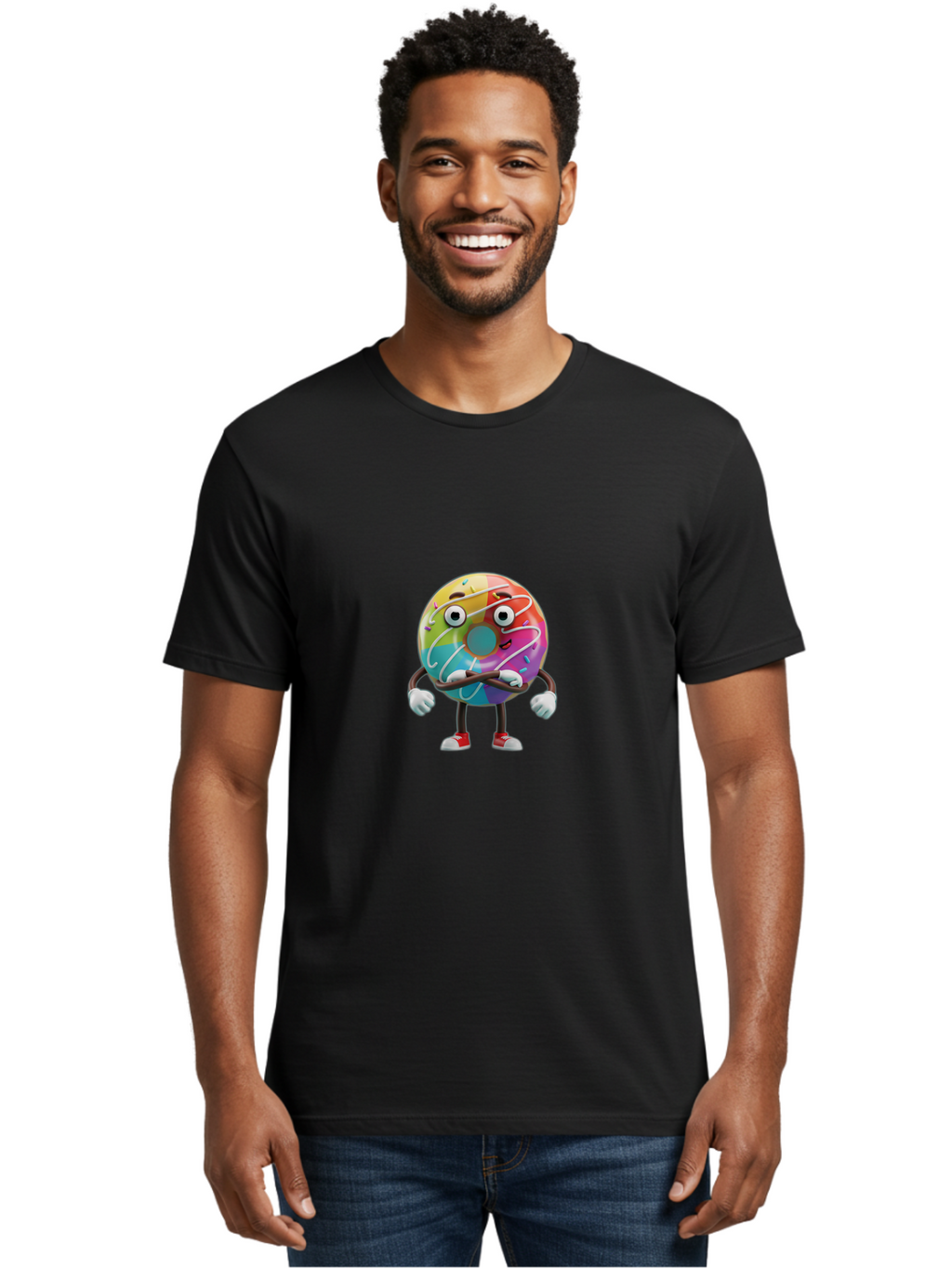 Donut-Character-1 Men'S Graphic Tee, 100% Cotton, Comfortable Casual Summer Wear, Machine Washable, Colorful Donut, Sprinkles, Iced Donut, Cartoon Character, Quirky Expression, Playful Donut, Sweet Treat, Donut Character, Fun Design Baa501