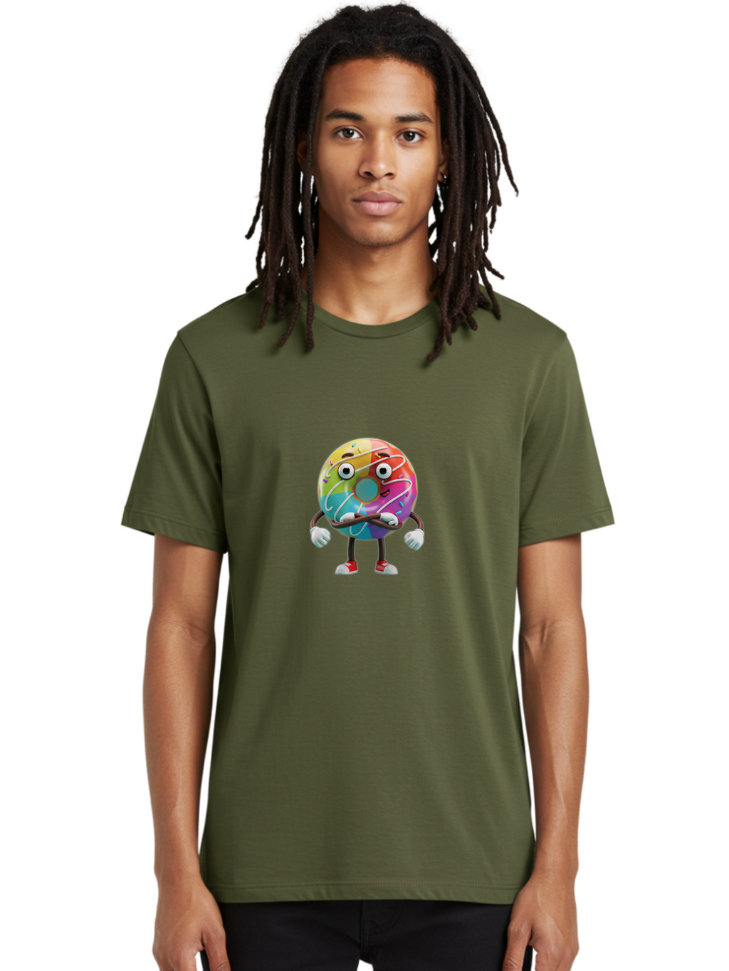 Donut-Character-1 Men'S Graphic Tee, 100% Cotton, Comfortable Casual Summer Wear, Machine Washable, Colorful Donut, Sprinkles, Iced Donut, Cartoon Character, Quirky Expression, Playful Donut, Sweet Treat, Donut Character, Fun Design Baa501
