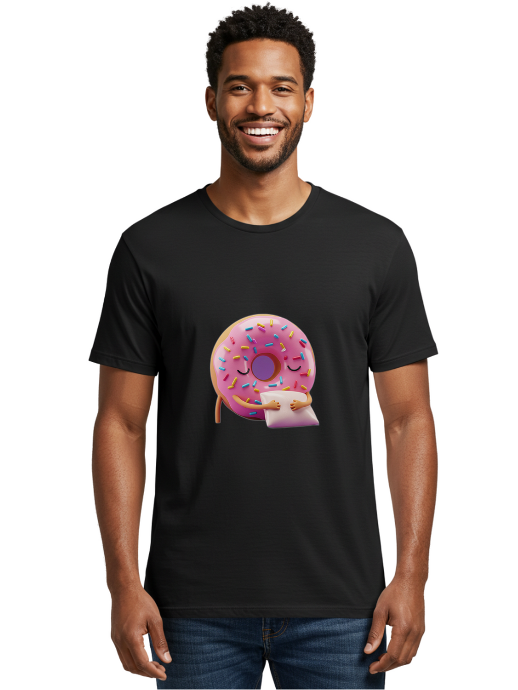 Donut-Character Men'S Graphic Tee, 100% Cotton, Comfortable Casual Summer Wear, Machine Washable, Donut With Sprinkles, Sleeping Donut, Cute Cartoon Character, Pink Donut, Sweet Treat, Relaxing Donut, Donut With Arms, Dreamy Dessert, Baa502