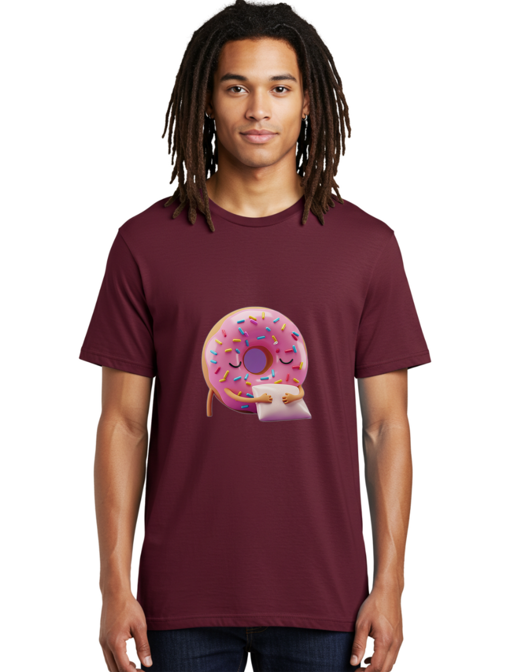 Donut-Character Men'S Graphic Tee, 100% Cotton, Comfortable Casual Summer Wear, Machine Washable, Donut With Sprinkles, Sleeping Donut, Cute Cartoon Character, Pink Donut, Sweet Treat, Relaxing Donut, Donut With Arms, Dreamy Dessert, Baa502