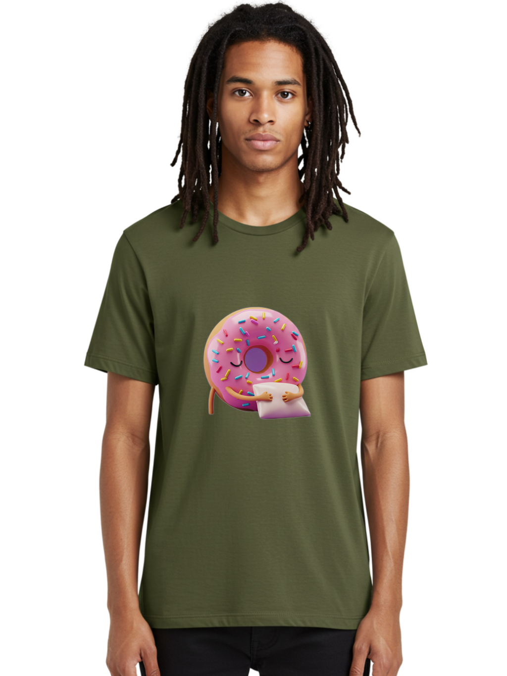 Donut-Character Men'S Graphic Tee, 100% Cotton, Comfortable Casual Summer Wear, Machine Washable, Donut With Sprinkles, Sleeping Donut, Cute Cartoon Character, Pink Donut, Sweet Treat, Relaxing Donut, Donut With Arms, Dreamy Dessert, Baa502