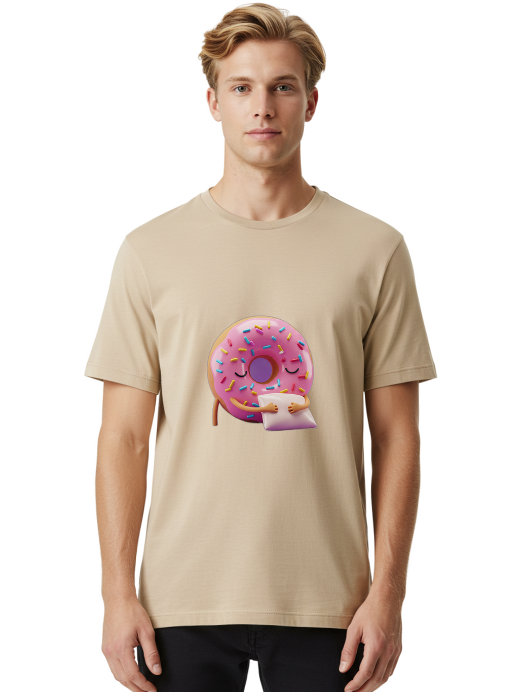 Donut-Character Men'S Graphic Tee, 100% Cotton, Comfortable Casual Summer Wear, Machine Washable, Donut With Sprinkles, Sleeping Donut, Cute Cartoon Character, Pink Donut, Sweet Treat, Relaxing Donut, Donut With Arms, Dreamy Dessert, Baa502