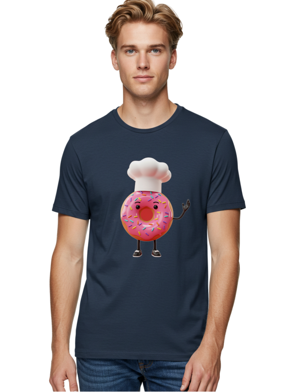 Donut-Chef Men'S Graphic Tee, 100% Cotton, Comfortable Casual Summer Wear, Machine Washable, Pink Donut With Sprinkles, Chef Hat, Cartoon Character, Sweet Treat, Bakery Illustration, 3D Rendering, Colorful Pastel, Playful Design, Baa503