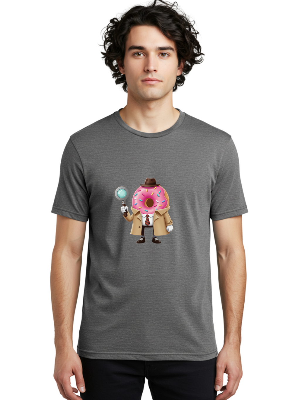 Donut-Detective Men'S Graphic Tee, 100% Cotton, Comfortable Casual Summer Wear, Machine Washable, Detective Donut, Pink Frosted Donut, Sprinkles, Magnifying Glass, Detective Clothes, Trench Coat, Fedora Hat, Cartoon Character, Mystery Solving, Baa504