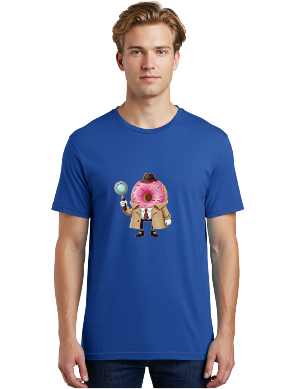 Donut-Detective Men'S Graphic Tee, 100% Cotton, Comfortable Casual Summer Wear, Machine Washable, Detective Donut, Pink Frosted Donut, Sprinkles, Magnifying Glass, Detective Clothes, Trench Coat, Fedora Hat, Cartoon Character, Mystery Solving, Baa504