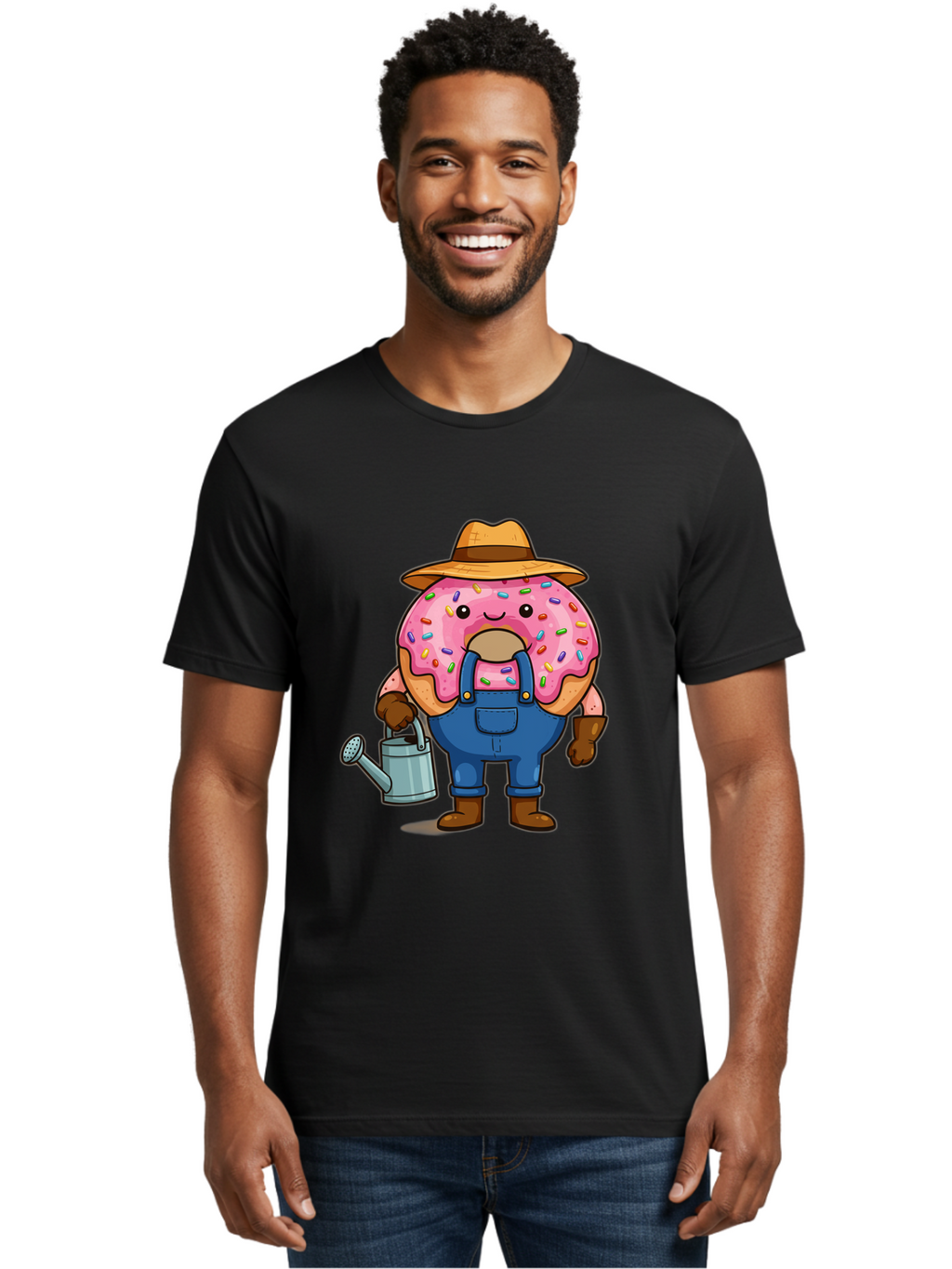 Donut-Farmer Men'S Graphic Tee, 100% Cotton, Comfortable Casual Summer Wear, Machine Washable, Donut Character, Farmer Illustration, Watering Can, Blue Overalls, Brown Boots, Hat, Rainbow Sprinkles, Pink Frosting, Cartoon Style, Baa506