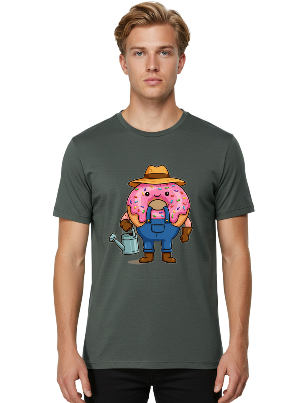 Donut-Farmer Men'S Graphic Tee, 100% Cotton, Comfortable Casual Summer Wear, Machine Washable, Donut Character, Farmer Illustration, Watering Can, Blue Overalls, Brown Boots, Hat, Rainbow Sprinkles, Pink Frosting, Cartoon Style, Baa506