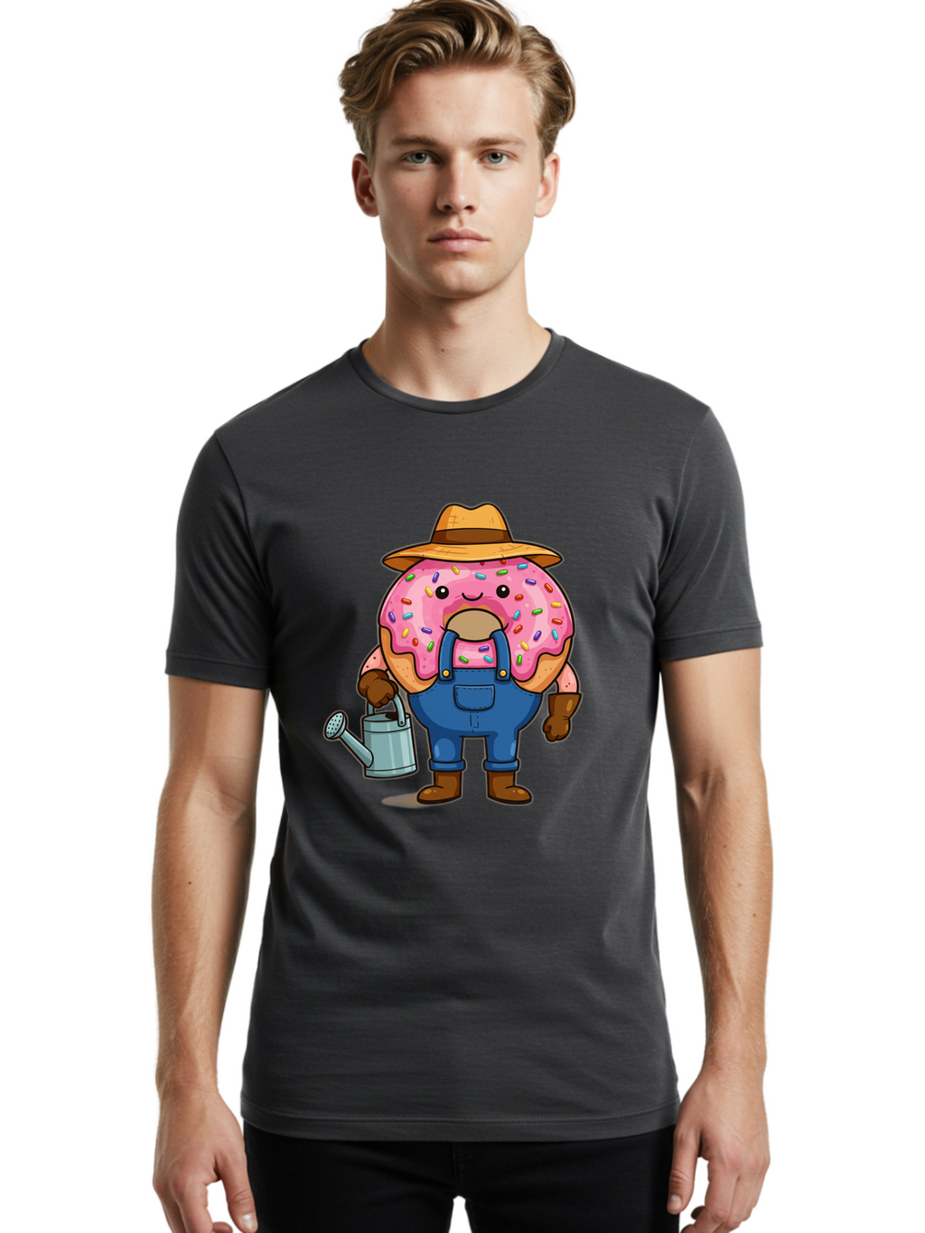 Donut-Farmer Men'S Graphic Tee, 100% Cotton, Comfortable Casual Summer Wear, Machine Washable, Donut Character, Farmer Illustration, Watering Can, Blue Overalls, Brown Boots, Hat, Rainbow Sprinkles, Pink Frosting, Cartoon Style, Baa506
