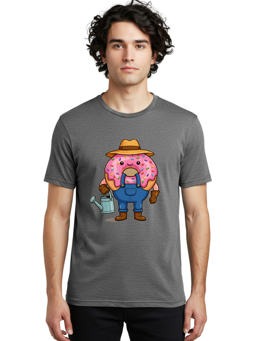 Donut-Farmer Men'S Graphic Tee, 100% Cotton, Comfortable Casual Summer Wear, Machine Washable, Donut Character, Farmer Illustration, Watering Can, Blue Overalls, Brown Boots, Hat, Rainbow Sprinkles, Pink Frosting, Cartoon Style, Baa506