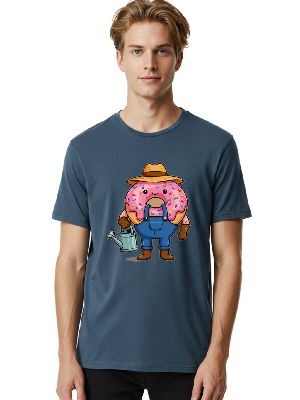 Donut-Farmer Men'S Graphic Tee, 100% Cotton, Comfortable Casual Summer Wear, Machine Washable, Donut Character, Farmer Illustration, Watering Can, Blue Overalls, Brown Boots, Hat, Rainbow Sprinkles, Pink Frosting, Cartoon Style, Baa506