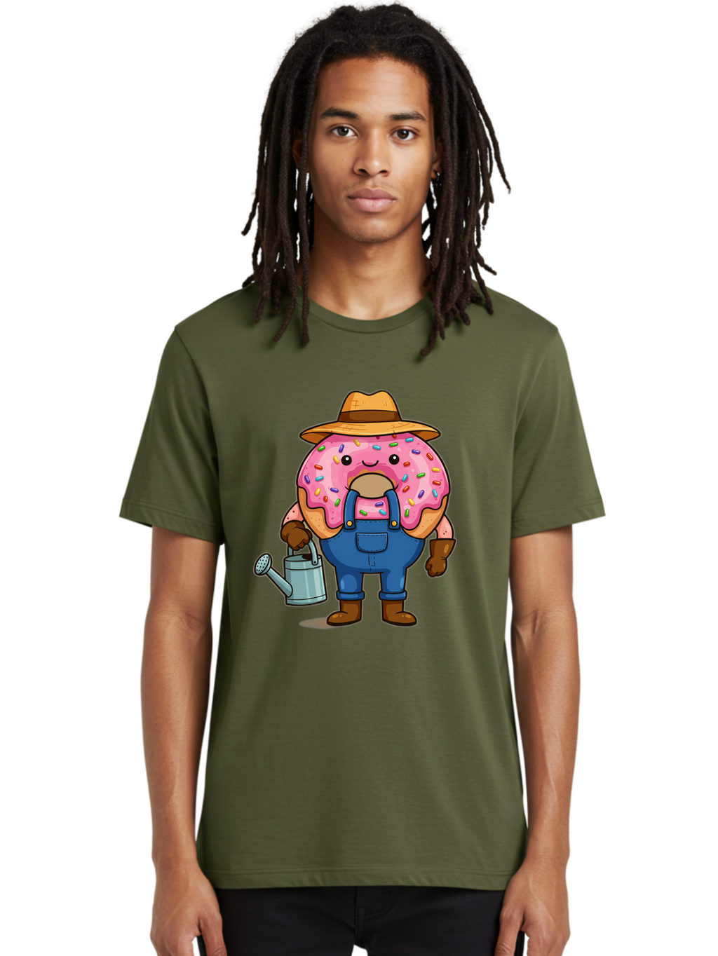 Donut-Farmer Men'S Graphic Tee, 100% Cotton, Comfortable Casual Summer Wear, Machine Washable, Donut Character, Farmer Illustration, Watering Can, Blue Overalls, Brown Boots, Hat, Rainbow Sprinkles, Pink Frosting, Cartoon Style, Baa506