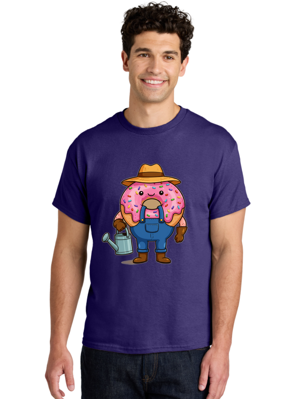 Donut-Farmer Men'S Graphic Tee, 100% Cotton, Comfortable Casual Summer Wear, Machine Washable, Donut Character, Farmer Illustration, Watering Can, Blue Overalls, Brown Boots, Hat, Rainbow Sprinkles, Pink Frosting, Cartoon Style, Baa506